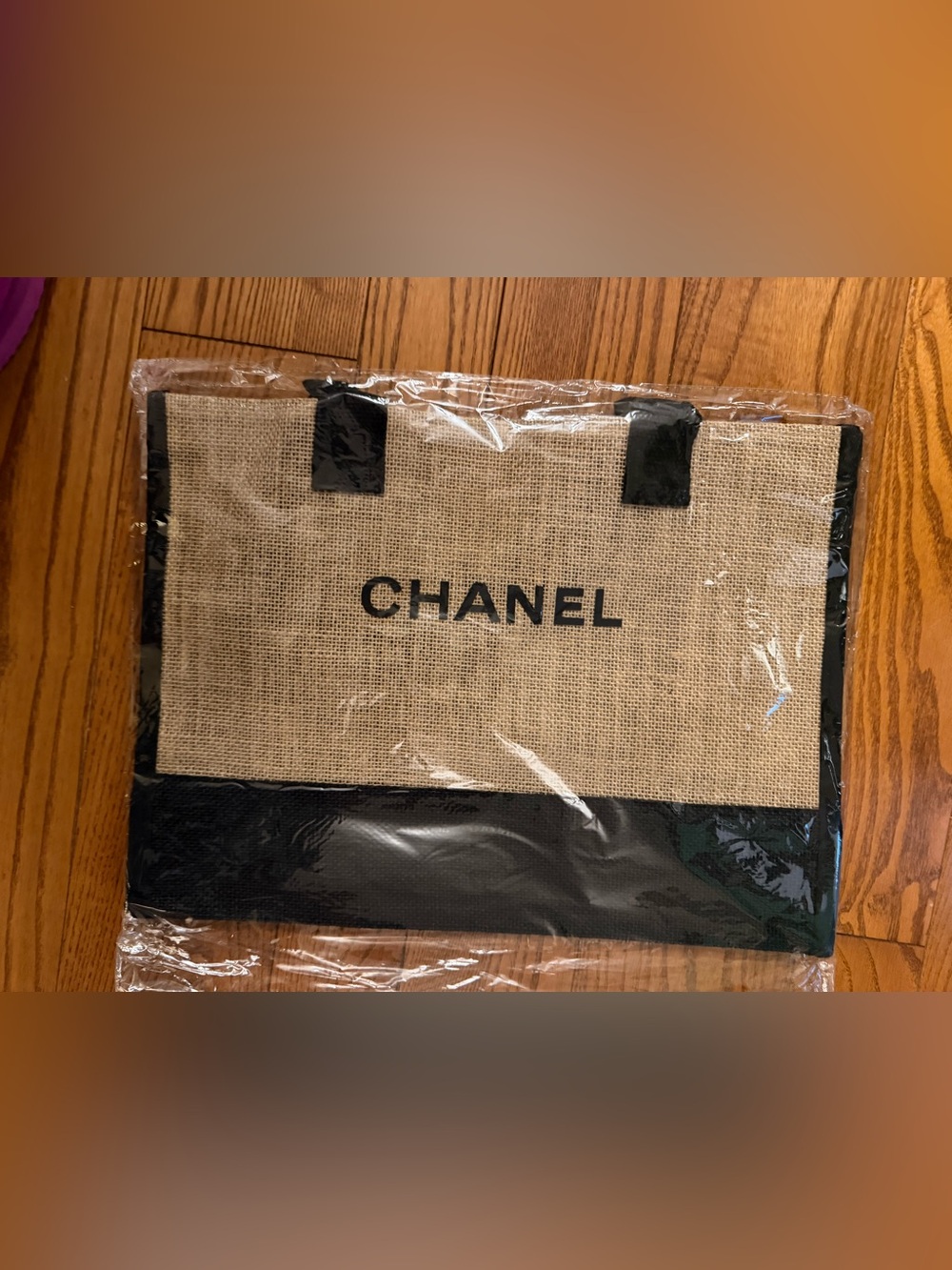Natural Burlap Tote with Black Trim and Handles - Picture 6 of 9